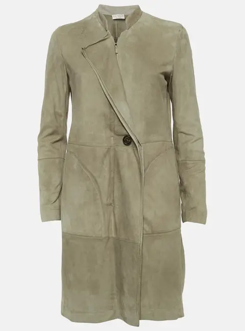 Brunello Cucinelli Sage Green Suede Mid Length Jacket M