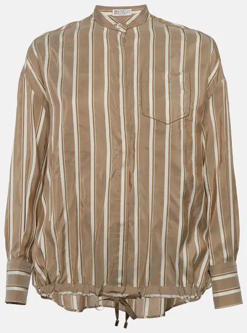 Brunello Cucinelli Light Brown Striped Silk Drawstring Shirt XS