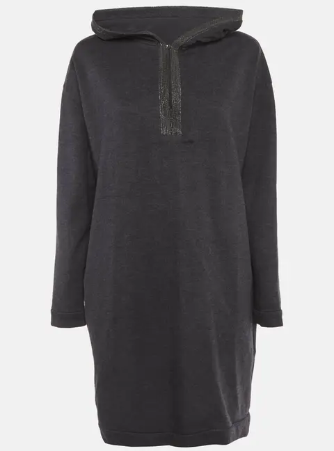 Brunello Cucinelli Grey Wool Blend Knit Monili Embellished Hoodie M