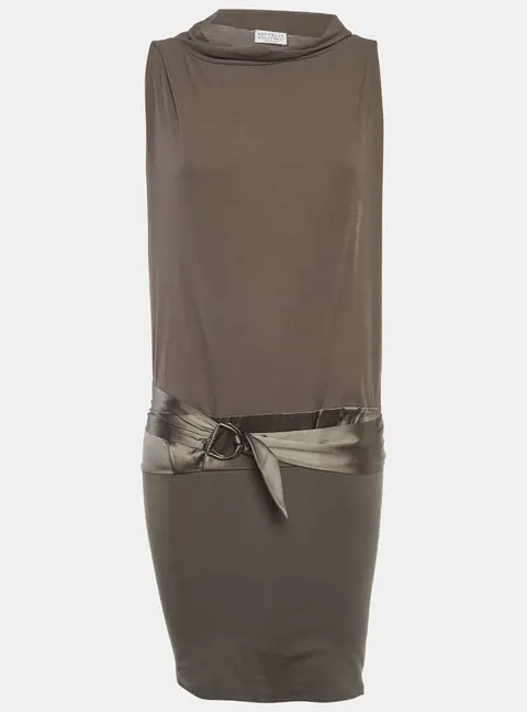 Brunello Cucinelli Light Brown Satin and Jersey Belt Detail Midi Dress XS