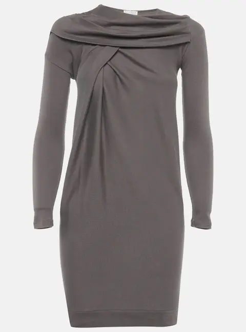 Brunello Cucinelli Grey Cotton Knit Pleated Neck Dress XS