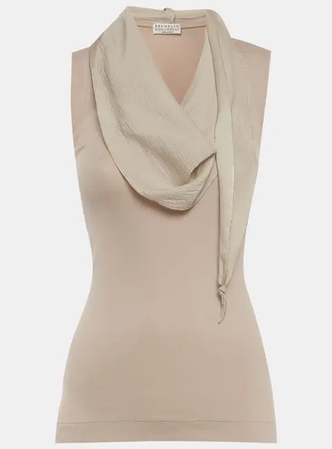 Brunello Cucinelli Grey Rib Knit and Silk Monili Detail Tank Top XS