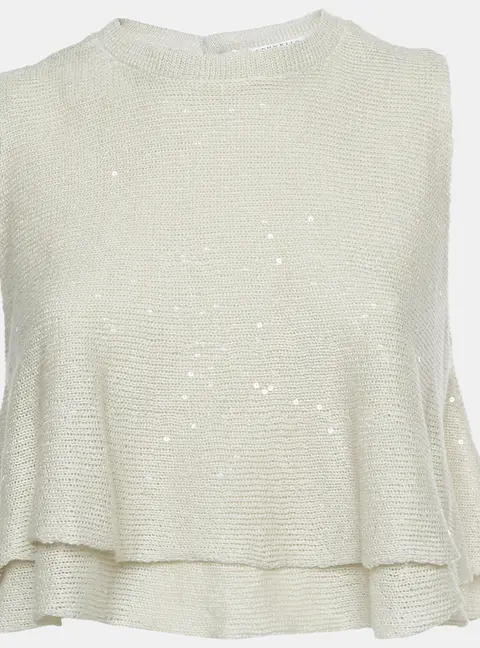 Brunello Cucinelli Cream Sequin Knit Flared Crop Top M