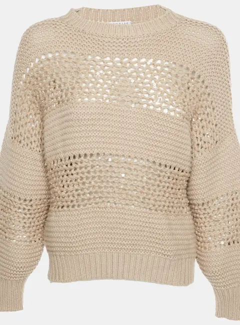 Brunello Cucinelli Beige Open Knit Sequin Sweater XS