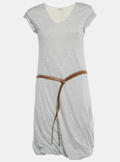 Brunello Cucinelli Grey Cotton Knit Belted T-Shirt Dress M
