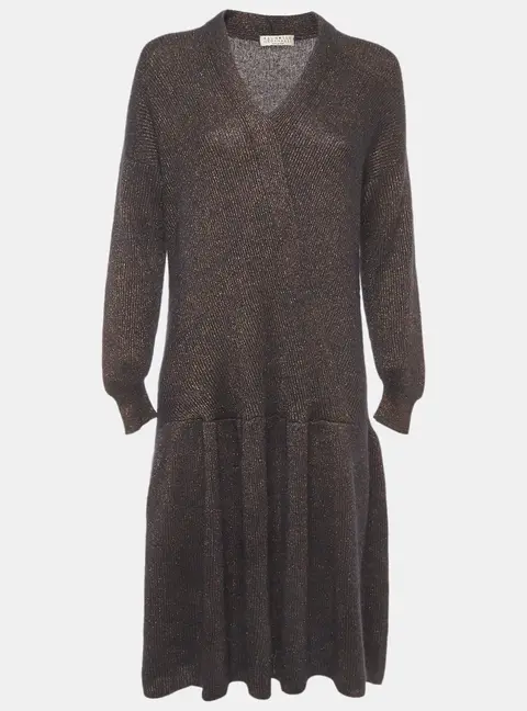 Brunello Cucinelli Black/Gold Lurex Knit Knee Length Dress M