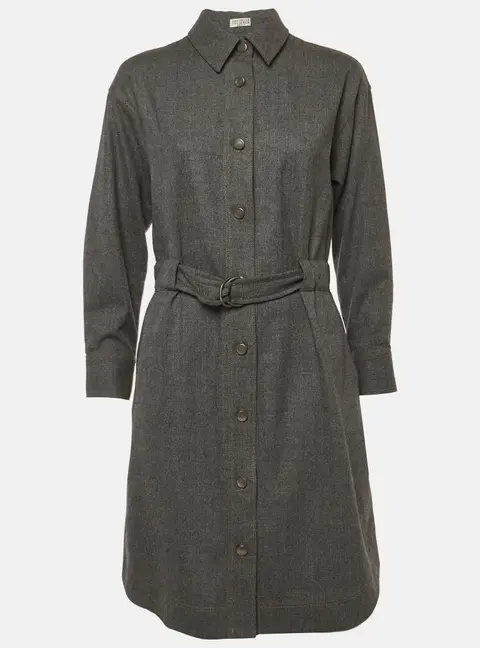 Brunello Cucinelli Grey Wool Belted Knee-Length Shirt Dress M
