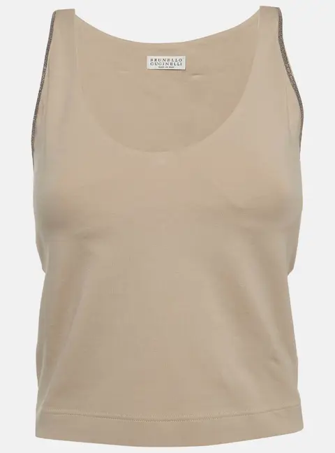 Brunello Cucinelli Beige Monili Embellished Knit Cropped Tank Top XS
