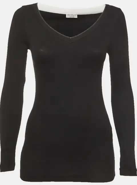 Brunello Cucinelli Navy Blue Stretch Cotton Monili Detail Top XS