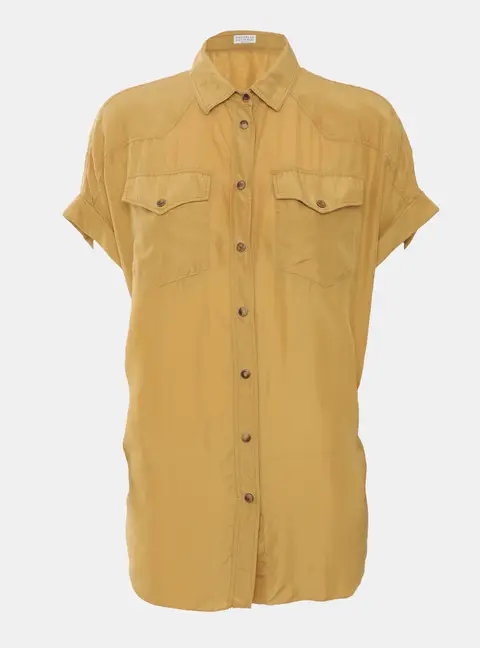 Brunello Cucinelli Yellow Silk Short Sleeve Shirt M