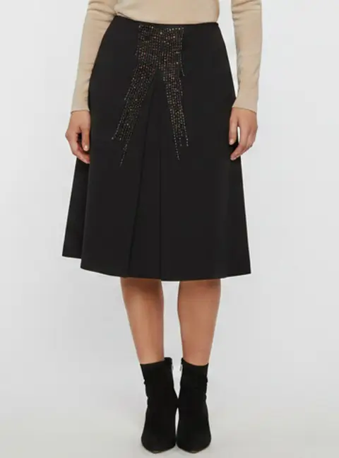 Escada Black Wool Blend Embellished Pleated Raffaella Skirt M