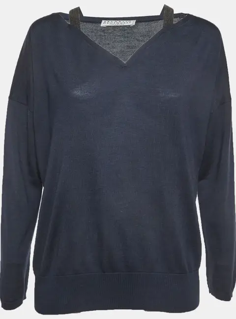 Brunello Cucinelli Navy Blue Cashmere Blend Knitted V-Neck Top S