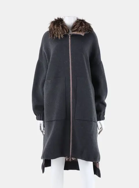 Brunello Cucinelli Fox Fur Trimmed Cashmere Knit Zip-Up Coat