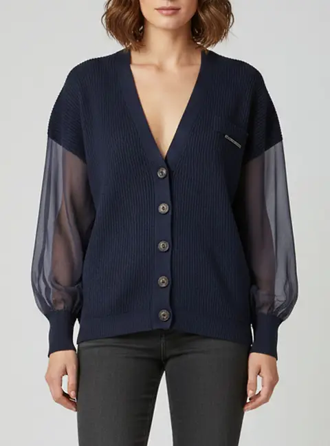 Brunello Cucinelli Navy Blue Rib Knit Silk Chiffon Cardigan S