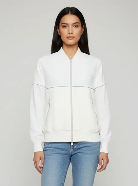 Brunello Cucinelli White Poplin Paneled Monili Trim Bomber Jacket M