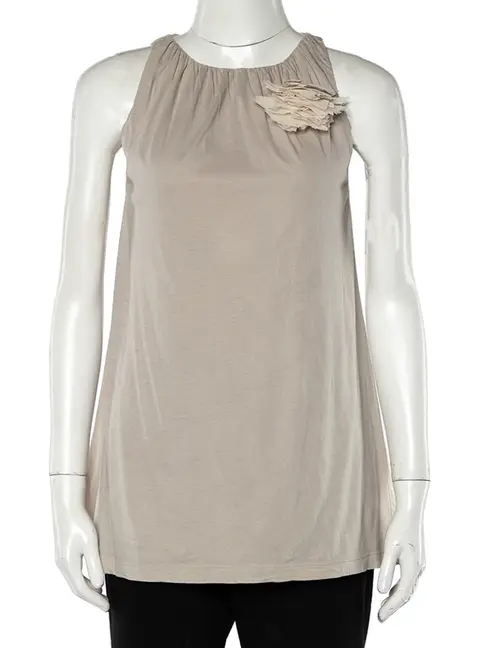 Brunello Cucinelli Beige Cotton Knit Applique Detail Sleeveless Tunic M