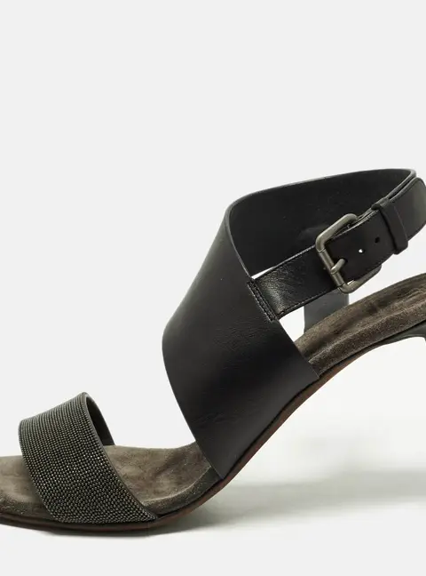 Brunello Cucinelli Size 38.5 Black/Grey Leather and Ankle Strap Sandals