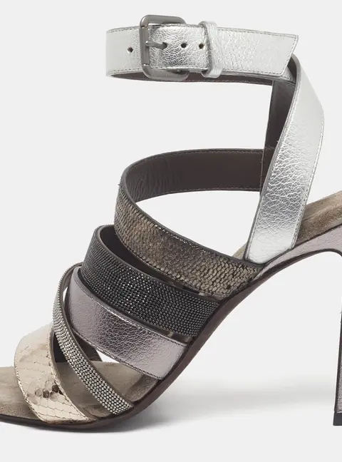 Brunello Cucinelli Size 36.5 Silver Leather and Snakeskin Embossed Ankle Strap Sandals