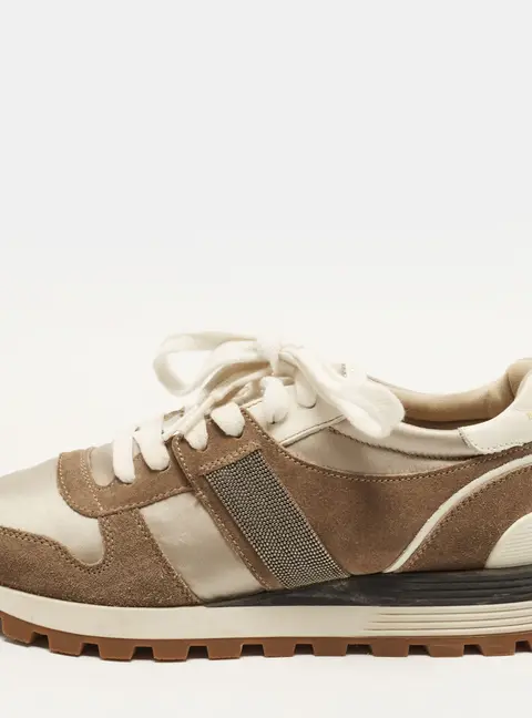 Brunello Cucinelli Monili Size 37 Brown/White Fabric and Suede Lace Up Sneakers
