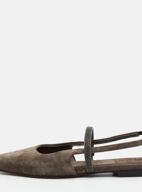 Brunello Cucinelli Monili Size 38 Taupe Grey Suede Pointed Toe Slingback Flats