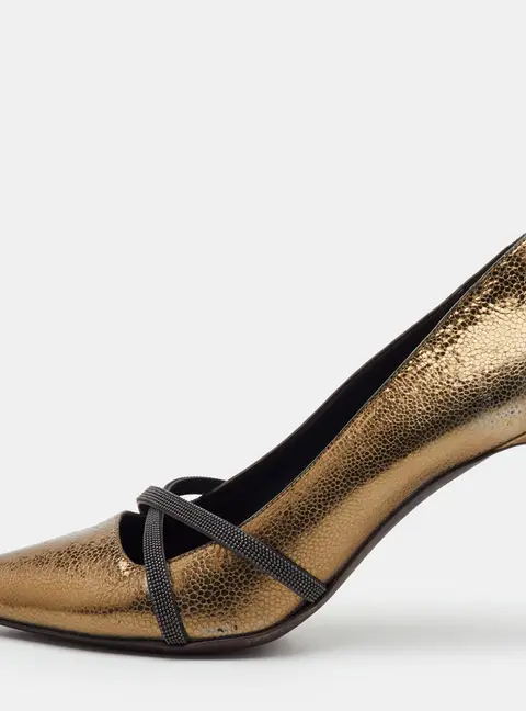 Brunello Cucinelli Monili Size 39.5 Metallic Gold Leather Pointed Toe Pumps