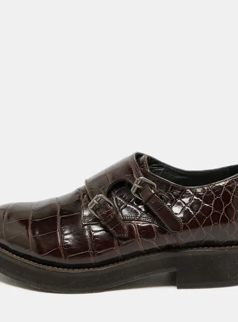 Brunello Cucinelli Size 37 Brown Croc Embossed Leather Oxfords