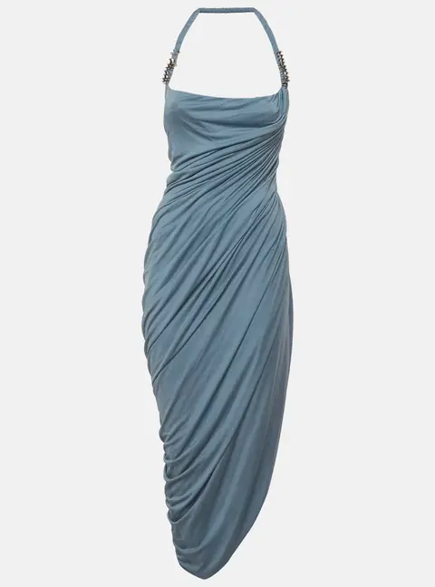 C. Dam Blue Stretch Crepe Ruched Maxi Dress XS
