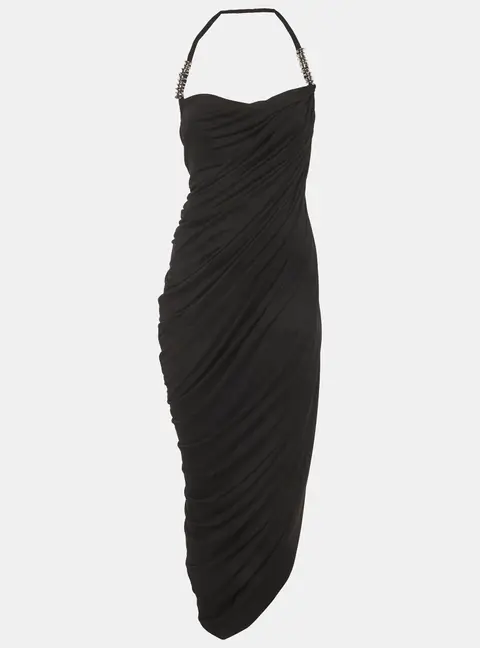C. Dam Black Stretch Crepe One Shoulder Draped Maxi Dress XS
