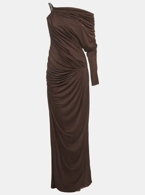 C.Dam Brown Asymmetric Ruched Stretch Crepe One Shoulder Maxi Dress S