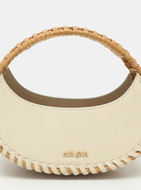 Cult Gaia Aiko White/Brown Leather and Rattan Hobo