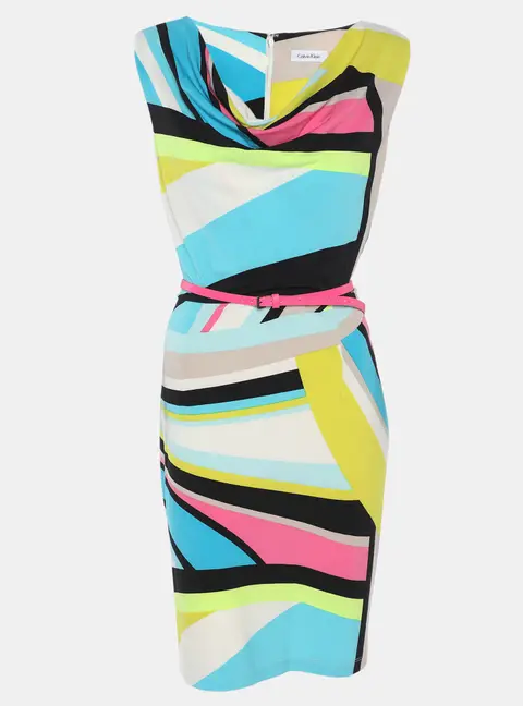Calvin Klein Multicolor Printed Jersey Sleeveless Belted Mini Dress L