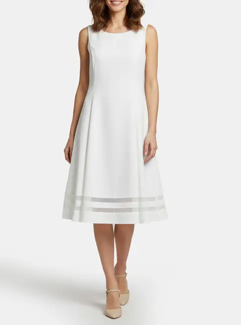 Calvin Klein White Striped Crepe and Mesh Knit Sleeveless Dress XL
