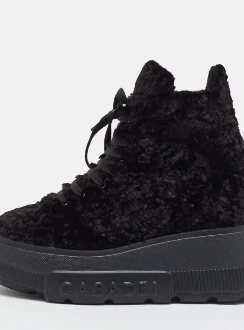 Casadei Ecoshe Size 39.5 Black Faux Fur Lace Up Combat Boots