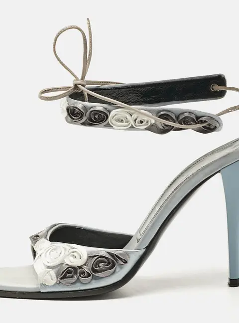 Casadei Grey Satin Floral Ankle Tie Up Sandals Size 38