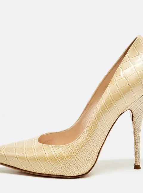 Casadei Beige Croc Embossed Patent Leather Pointed Toe Pumps Size 38.5
