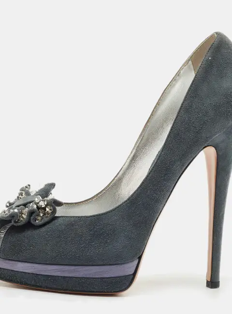 Casadei Grey Suede Crystal Embellished Bow Peep Toe Pumps Size 38