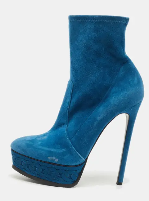 Casadei Blue Suede Chain Embossed Ankle Sock Boots Size 39.5