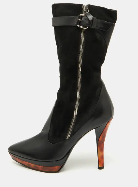 Casadei Black Suede and Leather Platform Ankle Length Boots Size 37.5