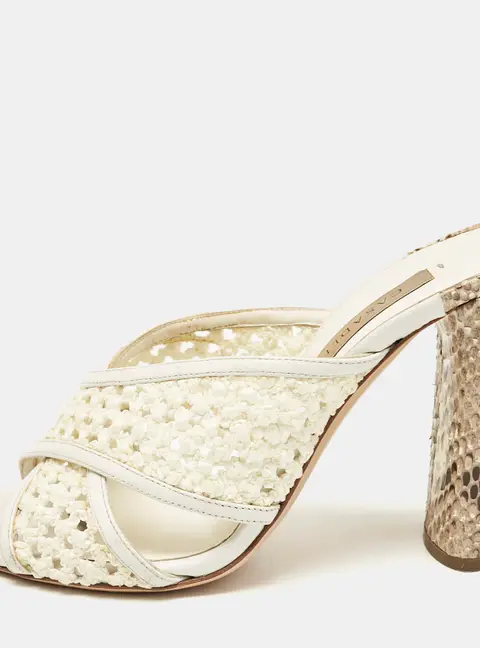 Casadei White/Brown Knit Fabric and Python Leather Slide Sandals Size 36