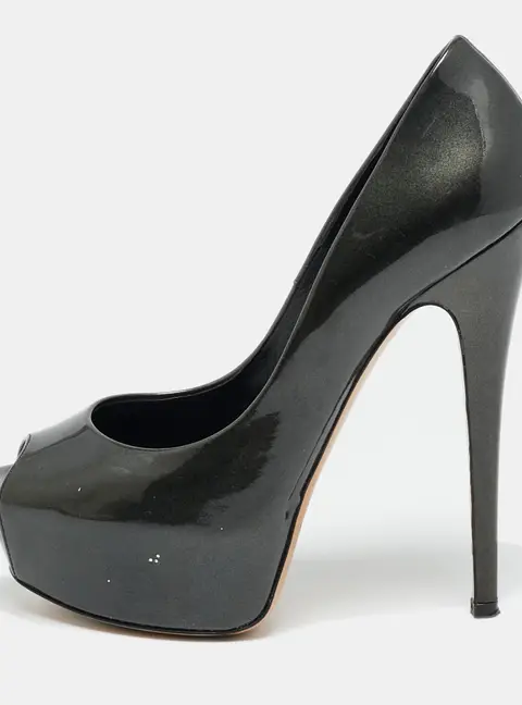 Casadei Size 36 Metallic Grey Patent Leather Peep Toe Pumps