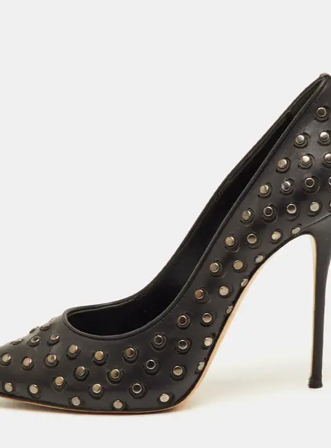 Casadei Size 40.5 Black Leather Studded Pointed Toe Pumps