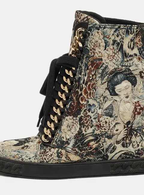 Casadei Size 39 Multicolor Printed Brocade Fabric Chain Link Lace Up Wedge Sneakers