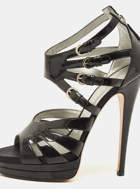 Casadei Size 38 Black Patent Leather Platform Strappy Sandals