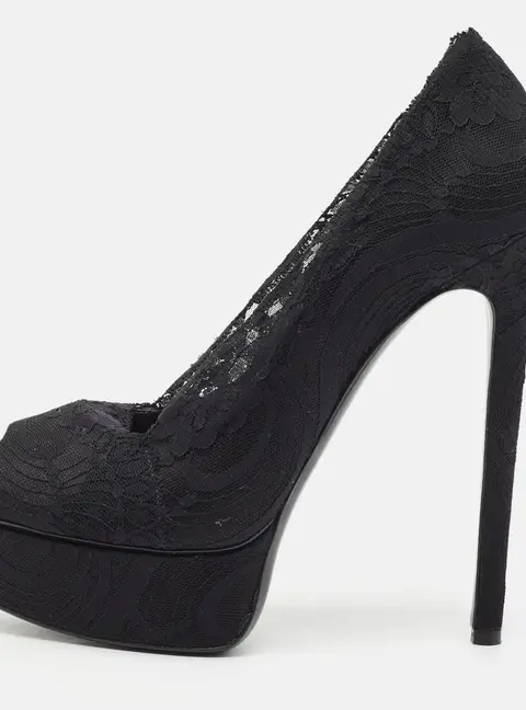 Casadei Size 37.5 Black Lace and Satin Platform Pumps