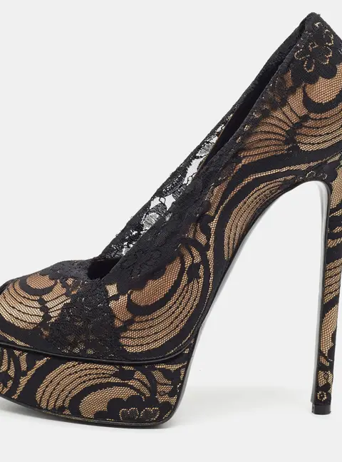 Casadei Size 40 Black/Gold Lace and Satin Platform Pumps