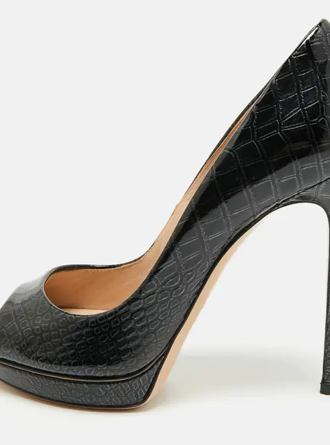 Casadei Size 36.5 Black Croc Embossed Patent Leather Peep Toe Pumps