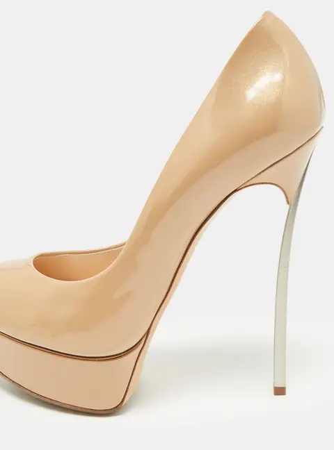 Casadei Blade Size 36.5 Beige Patent Leather Peep Toe Pumps