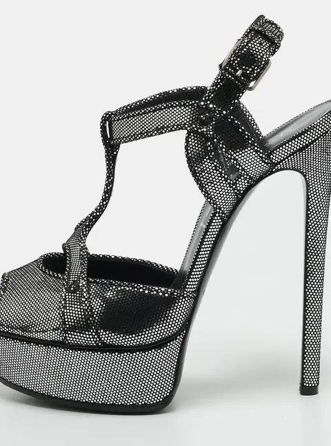 Casadei Size 38 Silver/Blaack Texture Suede Ankle Strap Sandals