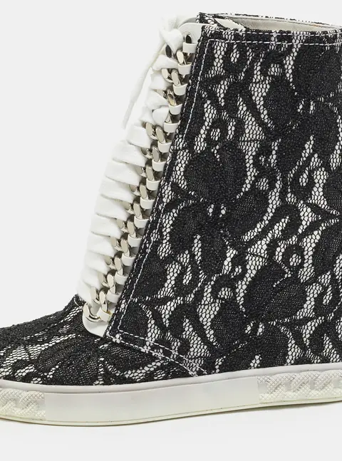 Casadei Size 38.5 Black Lace and Leather Wedge Sneakers