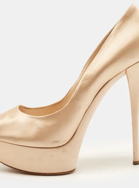 Casadei Size 41 Beige Satin Platform Peep Toe Pumps
